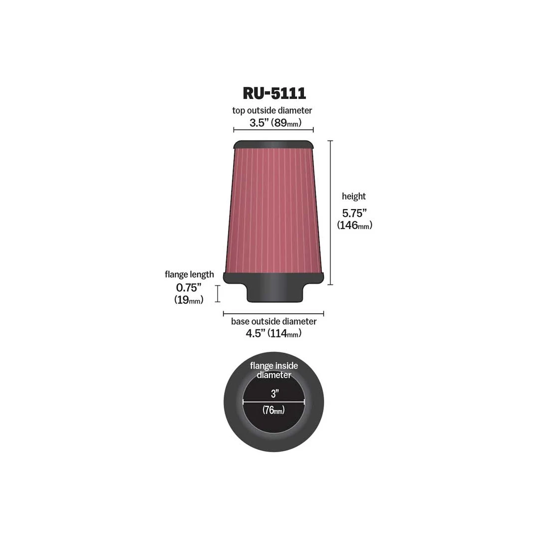 K&N RU-5111 HIGH-FLOW Sportluftfilter 76mm 3 Zoll Anschluss 146mm hoch