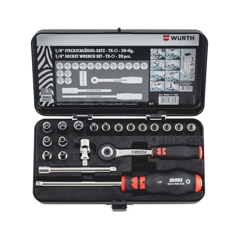 Würth Steckschluesselsatz TX 1/4 Zoll 20 teilig Metallkassette ZEBRA Profi