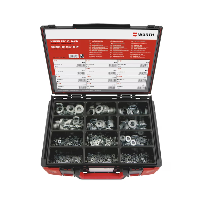 Würth Flache Scheiben Unterlegscheiben Sortiment DIN 125 Form A 1.425-teilig Stahl verzinkt im System-Koffer 4.4.1