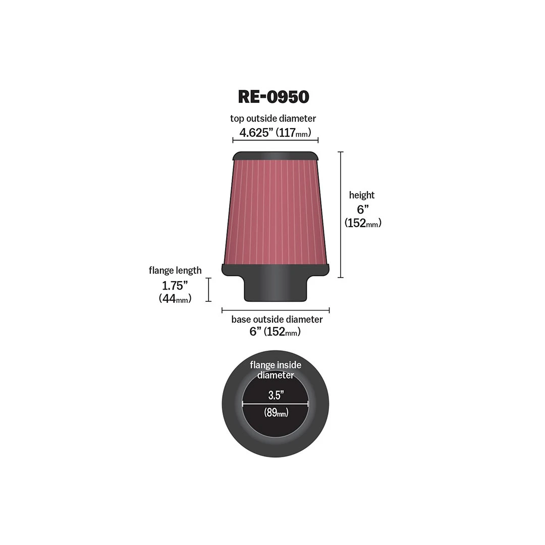 K&N RE-0950 HIGH-FLOW Sportluftfilter 89mm 3,5 Zoll Anschluss 152mm hoch