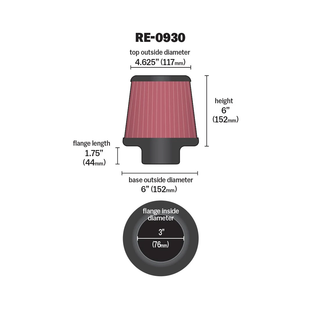 K&N RE-0930 HIGH-FLOW Sportluftfilter 76mm 3 Zoll Anschluss 152mm hoch konisch rot