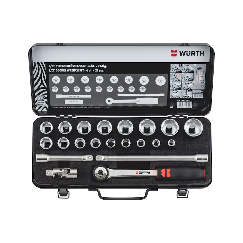 Würth Steckschlüsselsatz 1/2 Zoll Zollgrößen 21 teilig Metallkassette ZEBRA