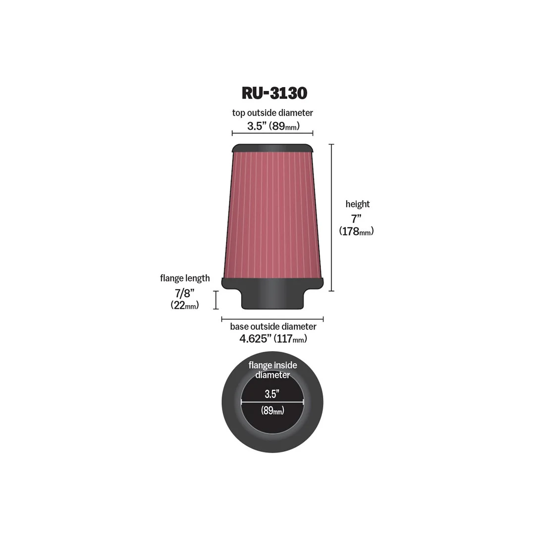 K&N RU-3130 HIGH-FLOW Sportluftfilter 89mm 3,5 Zoll Anschluss 178mm hoch konisch rot