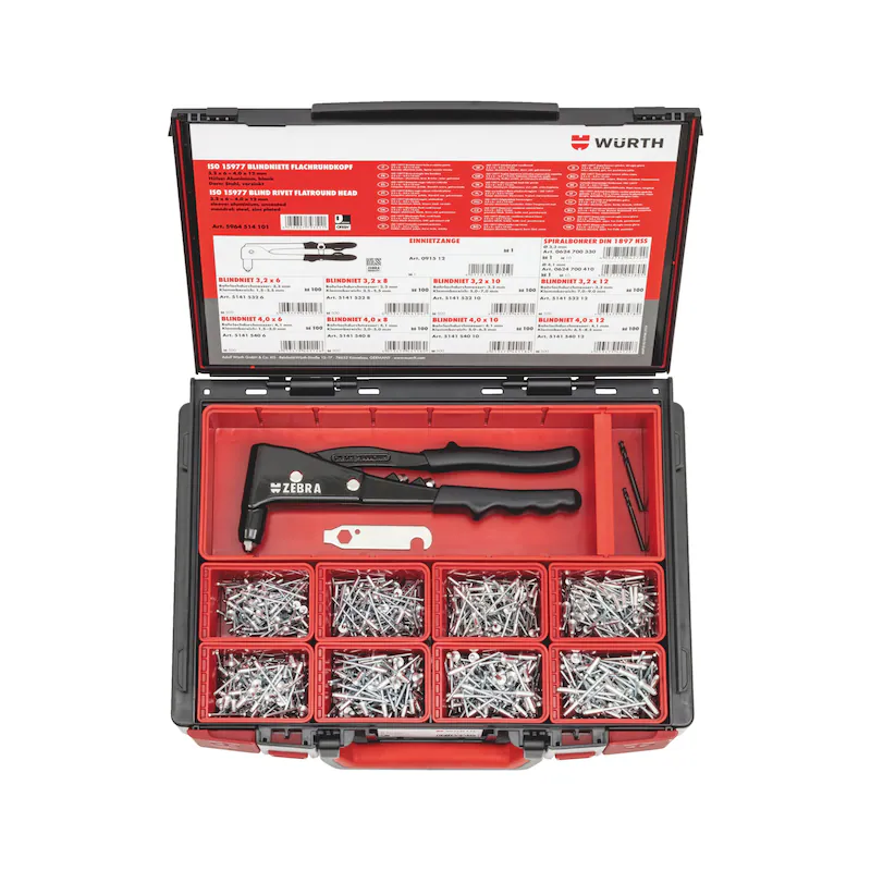 Würth Blindniet Sortiment ISO 15977 Alu/Stahl 803-teilig Flachkopf mit Nietzange Systemkoffer 4.4.1