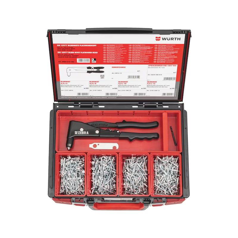 Würth Blindniet Sortiment ISO 15977 Alu/Stahl 702-teilig Flachkopf mit Nietzange Systemkoffer 4.4.1