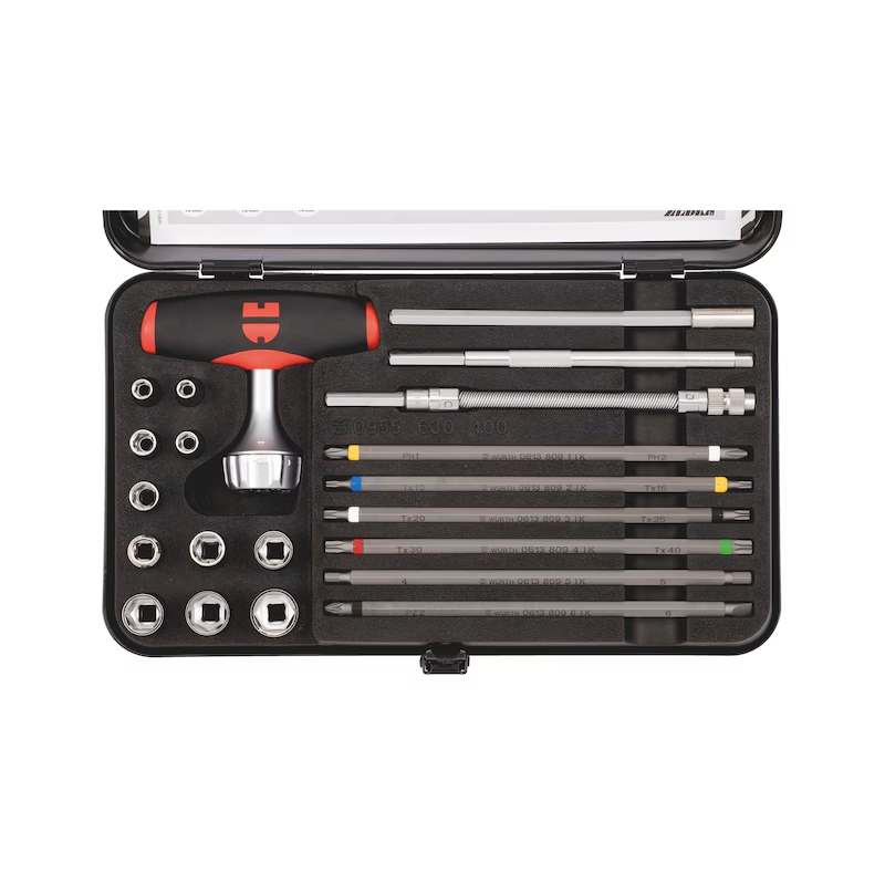 Würth T Griff Ratschenschraubendreher Set 21 teilig 1/4 Zoll mit Stecknüssen ZEBRA