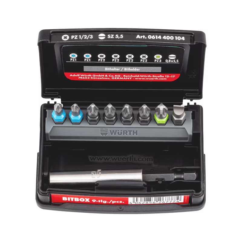 Würth Bitbox Größe 1 9 teilig PZ Schlitz 1/4 Zoll mit Bithalter ORSY System