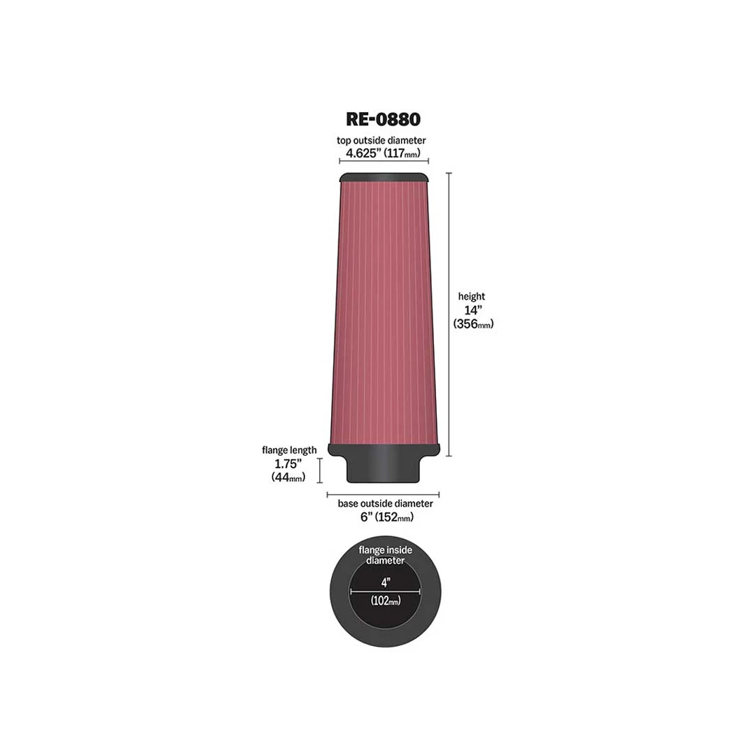 K&N RE-0880 HIGH-FLOW Sportluftfilter 102mm 4 Zoll Anschluss 356mm hoch konisch rot